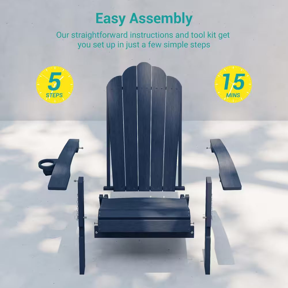 Navy Blue Plastic Foldable Adirondack Chair with Cup Holder, HDPE Lawn Chair, 350 Lbs.
