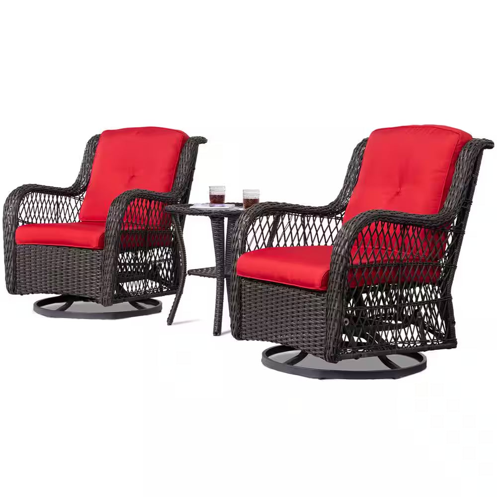 3-Piece Wicker Outdoor Patio Conversation Seating Set with Red Cushions and Coffee Table for Patio, Garden, Backyard