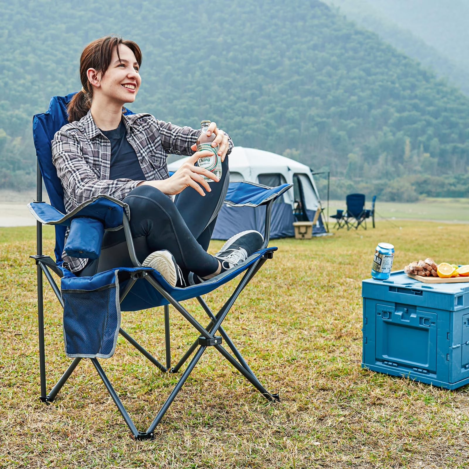 Oversized Camping Chair with High Back Padded Folding Portable Lawn Chairs Lightweight Sturdy Steel for Adults Foldable Outdoor Chair , Blue