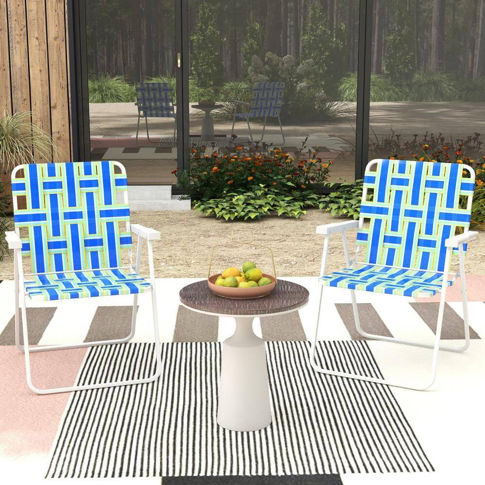Blue Metal Webbed Lawn Chairs Outdoor Patio Folding Beach Chairs with Flightweight Portable Web Camping Chairs(Set of 2)