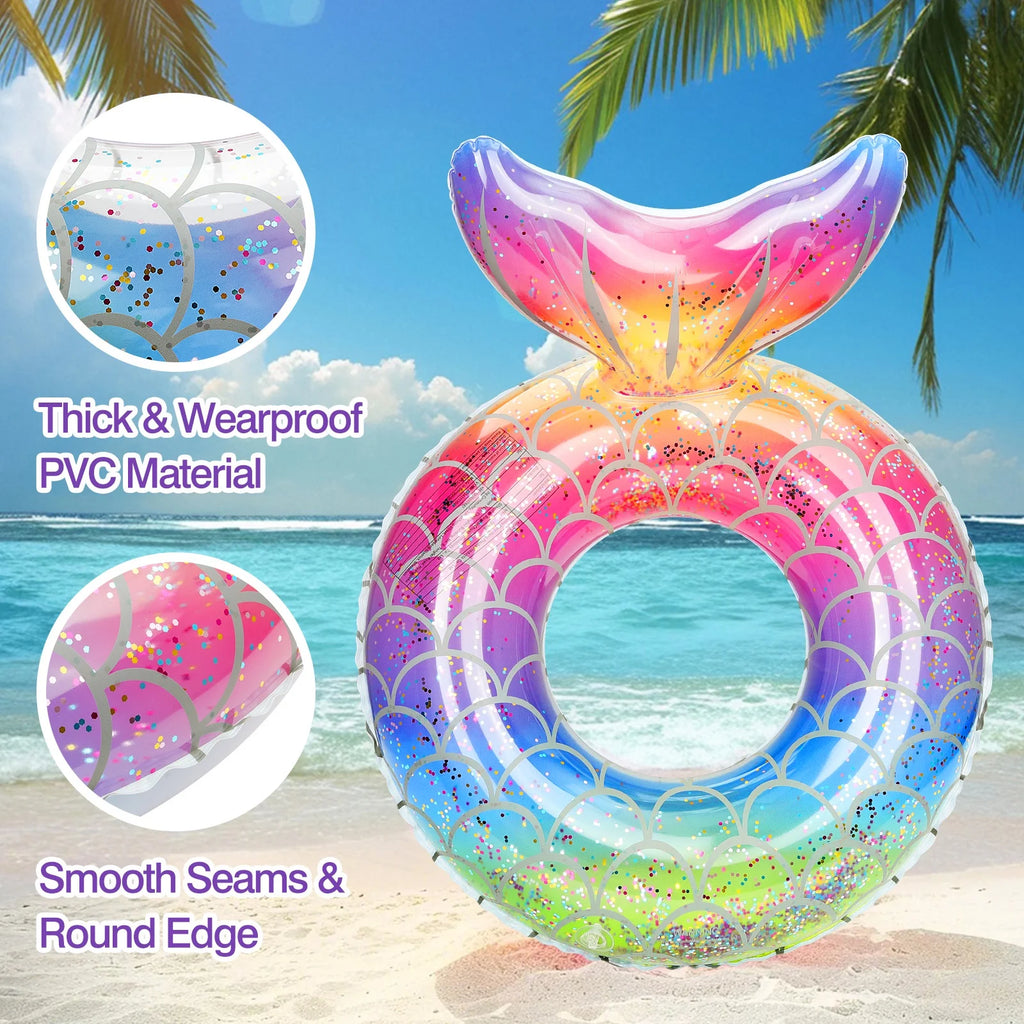 2 Pack Mermaid Tail Pool Float, Inflatable Swimming Ring Floaties Tubes, Rainbow & Purple