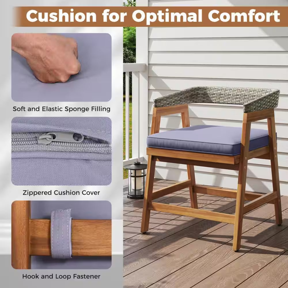 Acacia Wood Outdoor Dining Chair Patio Chairs with Gray Cushion for Garden (4-Pack)