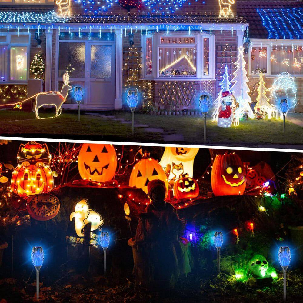 12 Pack Blue Solar Torch Lights with Flickering Flame 12 LED Waterproof Outdoor Garden Yard Decoration