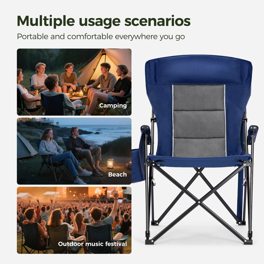2-Pack Oversized Camping Chair Heavy Duty High Back Camping Chairs 500Lbs Capacity Folding Lawn Chairs with Cup Holder, Portable for Outdoor, Beach and Picnic, Blue
