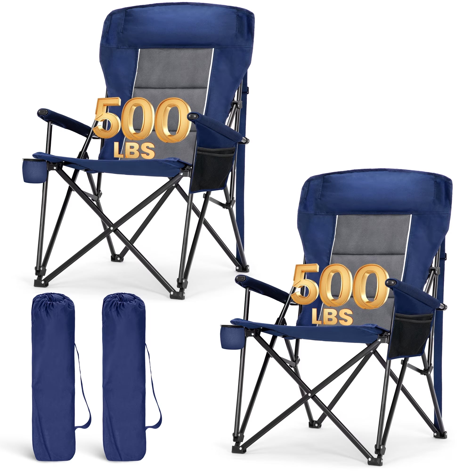 2-Pack Oversized Camping Chair Heavy Duty High Back Camping Chairs 500Lbs Capacity Folding Lawn Chairs with Cup Holder, Portable for Outdoor, Beach and Picnic, Blue