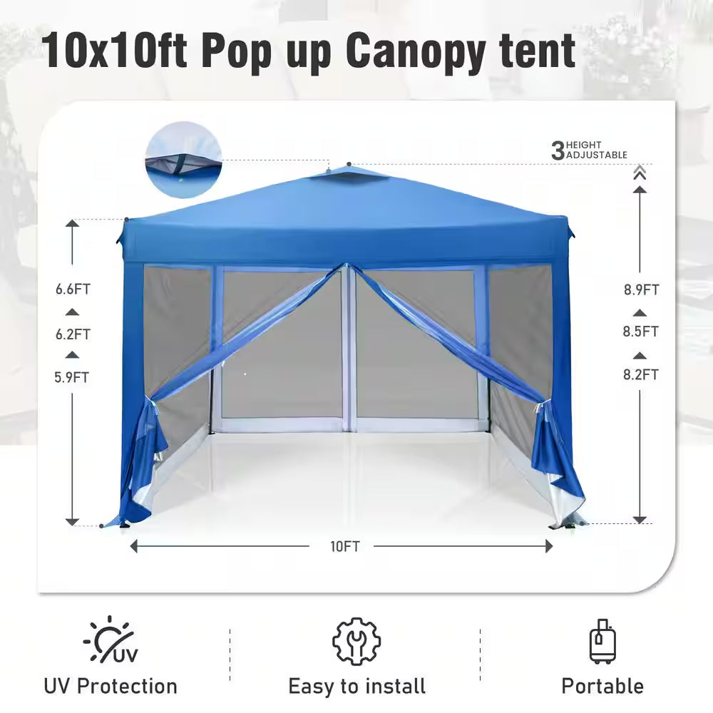 10 Ft. X 10 Ft. Blue Outdoor Patio Pop-Up Canopy with Netting