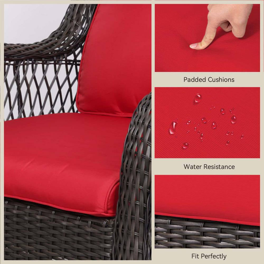 3-Piece Wicker Outdoor Patio Conversation Seating Set with Red Cushions and Coffee Table for Patio, Garden, Backyard
